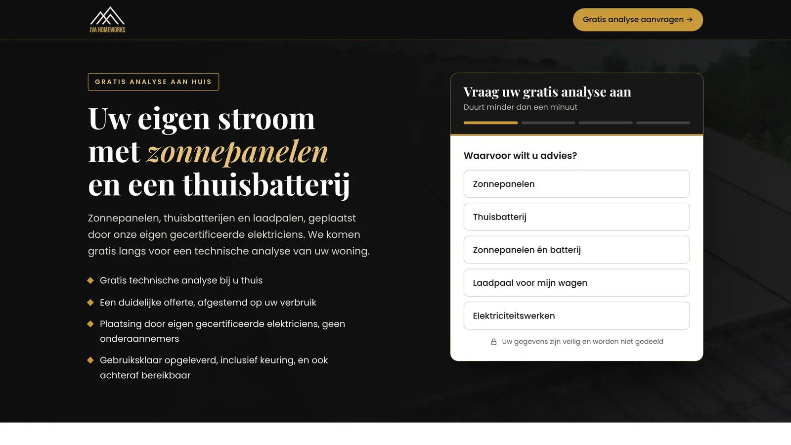 Leadpagina van JVA Homeworks met een formulier in stappen voor een gratis analyse aan huis