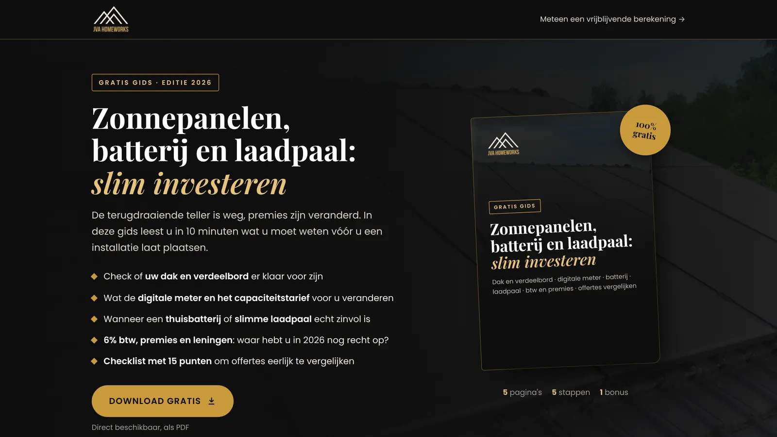 Leadpagina van JVA Homeworks met een gratis gids over zonnepanelen, batterij en laadpaal