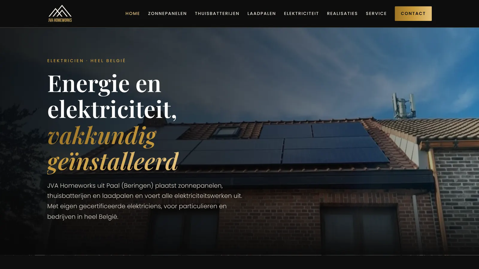 Nieuwe website van JVA Homeworks in zwart en goud: energie en elektriciteit, vakkundig geïnstalleerd